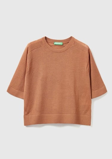  Kadın Taba  %100 Yün Bisiklet Yaka Kısa Kollu Kazak