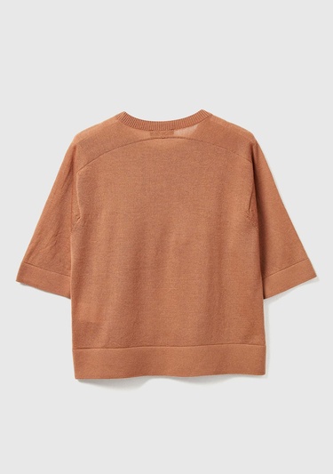  Kadın Taba  %100 Yün Bisiklet Yaka Kısa Kollu Kazak