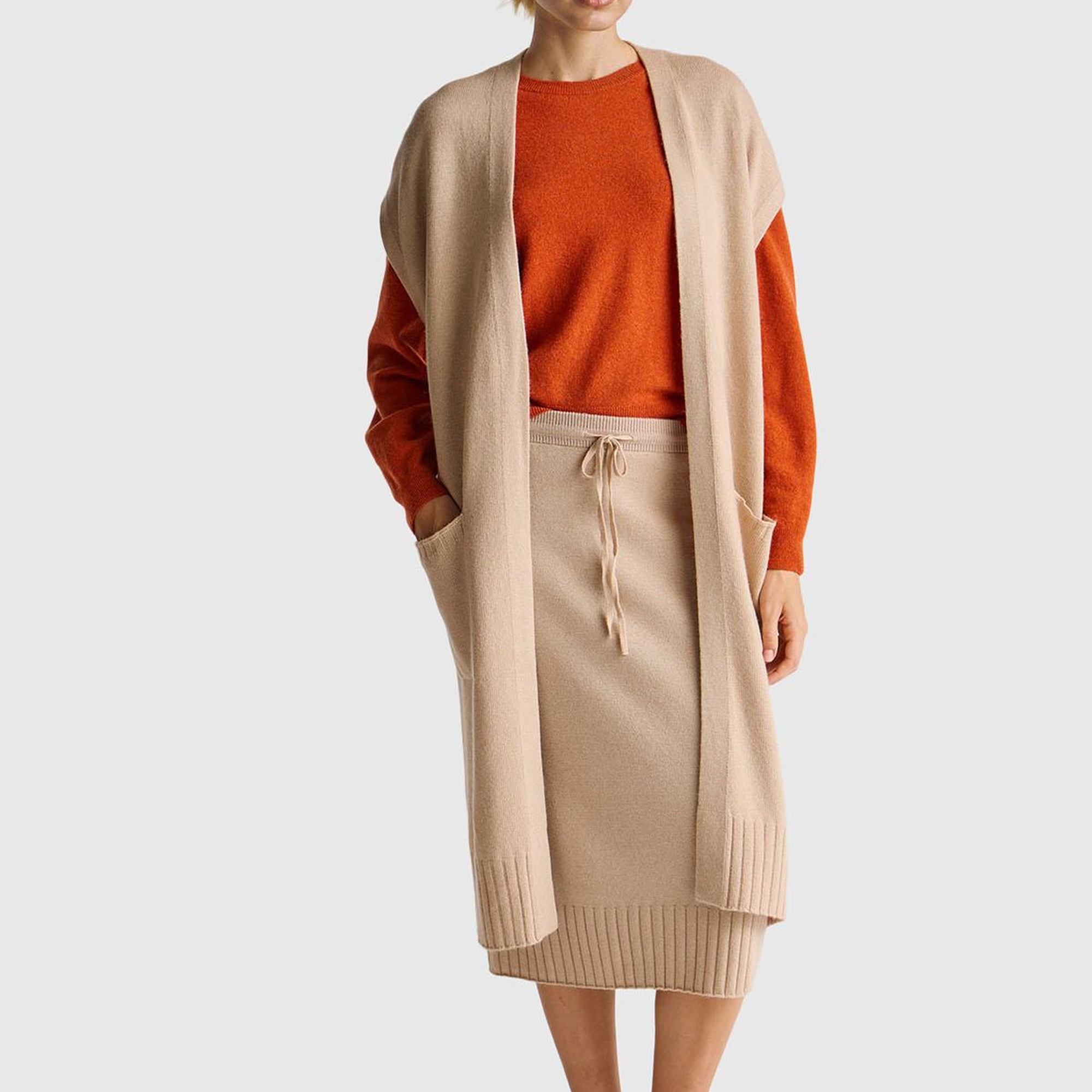 Kadın Bej Yün ve Kaşmir Karışımlı Ribana Detaylı Kısa Kollu Uzun Hırka