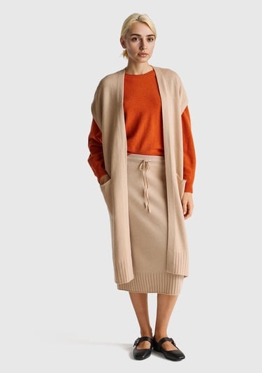  Kadın Bej Yün ve Kaşmir Karışımlı Ribana Detaylı Kısa Kollu Uzun Hırka