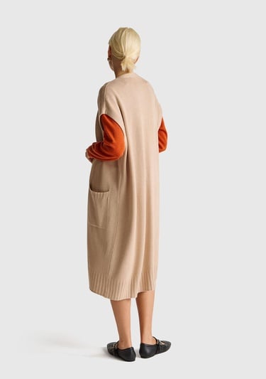  Kadın Bej Yün ve Kaşmir Karışımlı Ribana Detaylı Kısa Kollu Uzun Hırka