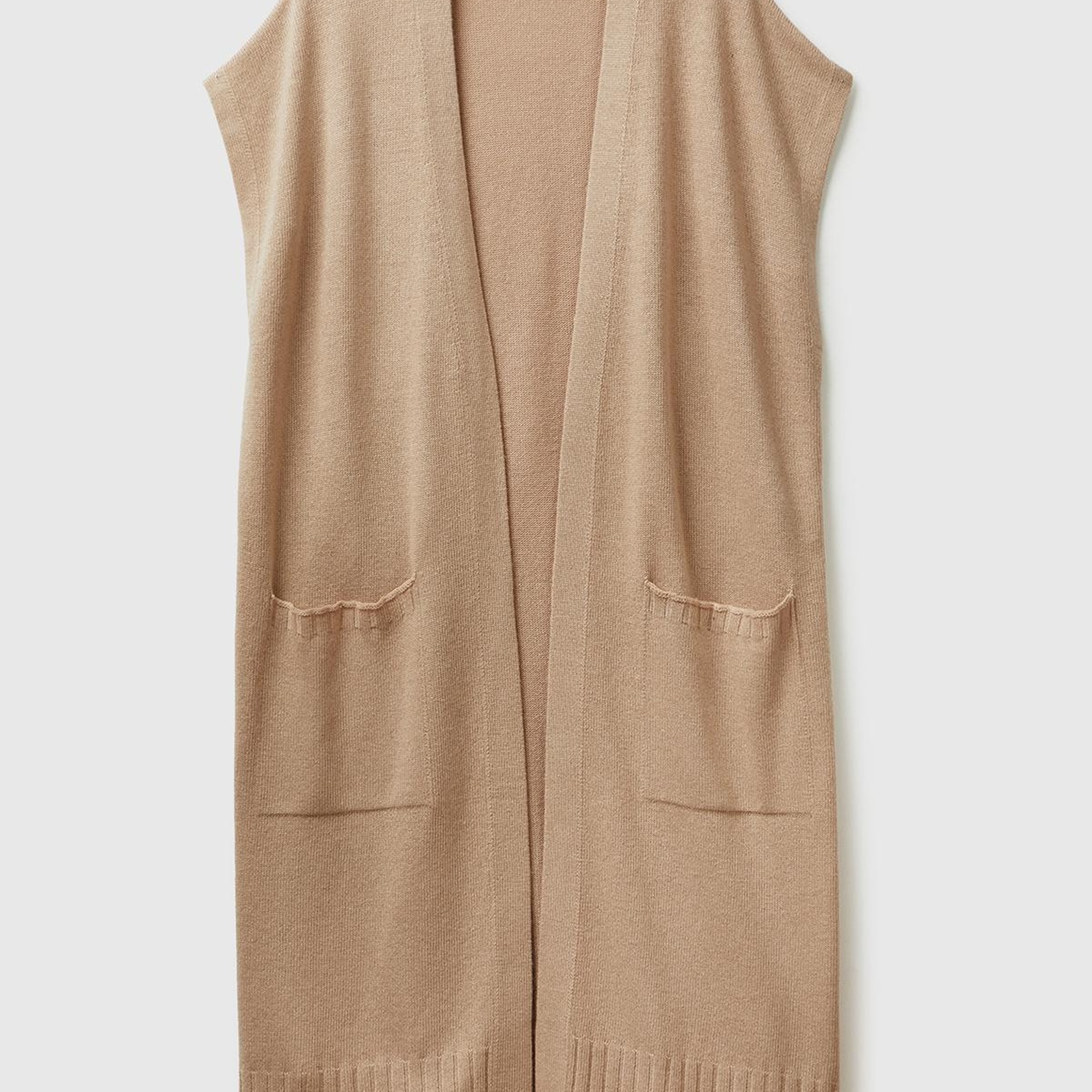 Kadın Bej Yün ve Kaşmir Karışımlı Ribana Detaylı Kısa Kollu Uzun Hırka