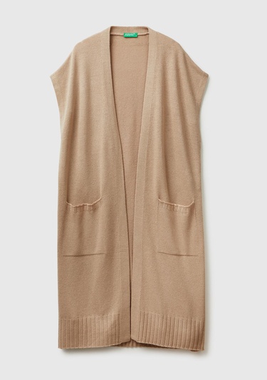  Kadın Bej Yün ve Kaşmir Karışımlı Ribana Detaylı Kısa Kollu Uzun Hırka