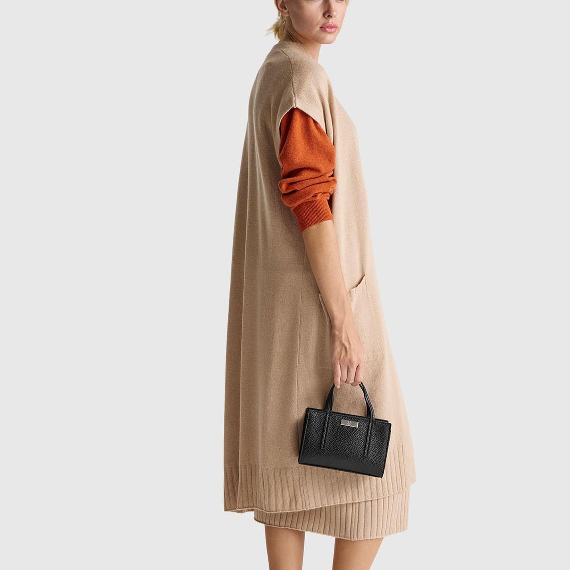 Kadın Bej Yün ve Kaşmir Karışımlı Ribana Detaylı Kısa Kollu Uzun Hırka