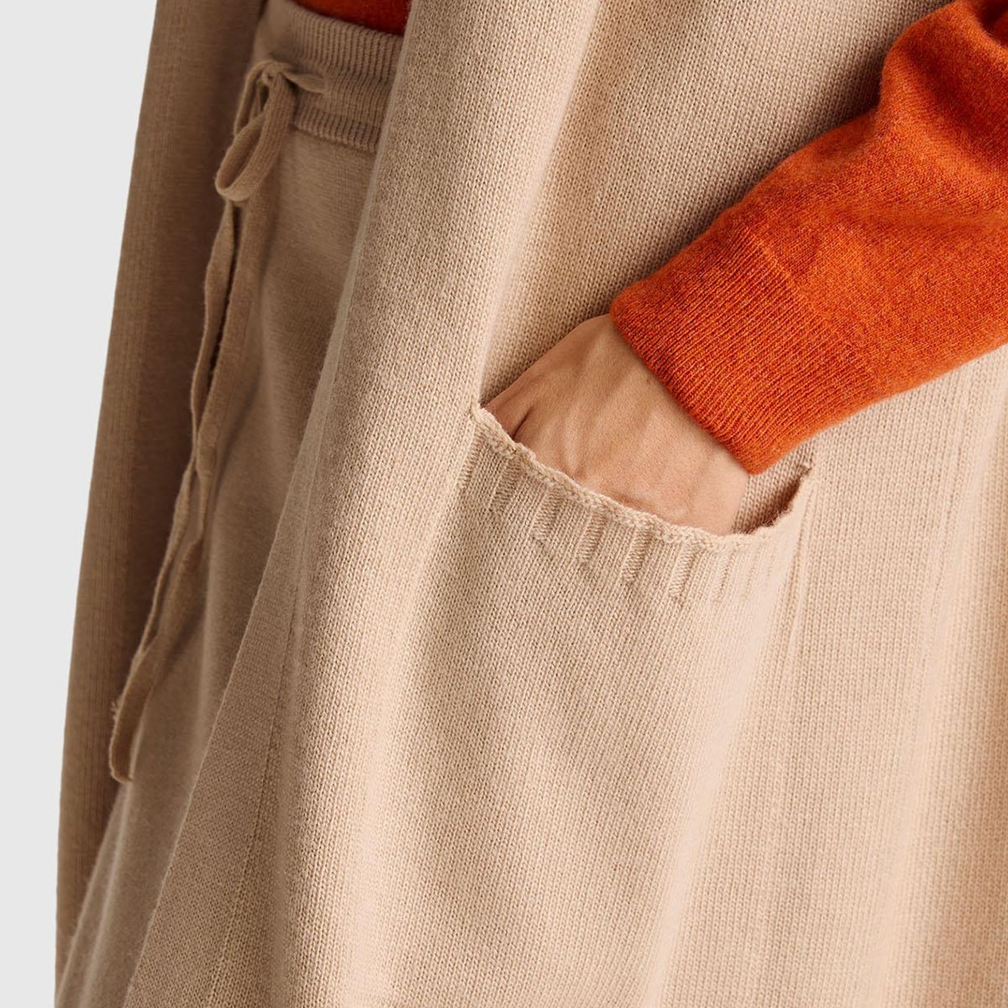 Kadın Bej Yün ve Kaşmir Karışımlı Ribana Detaylı Kısa Kollu Uzun Hırka