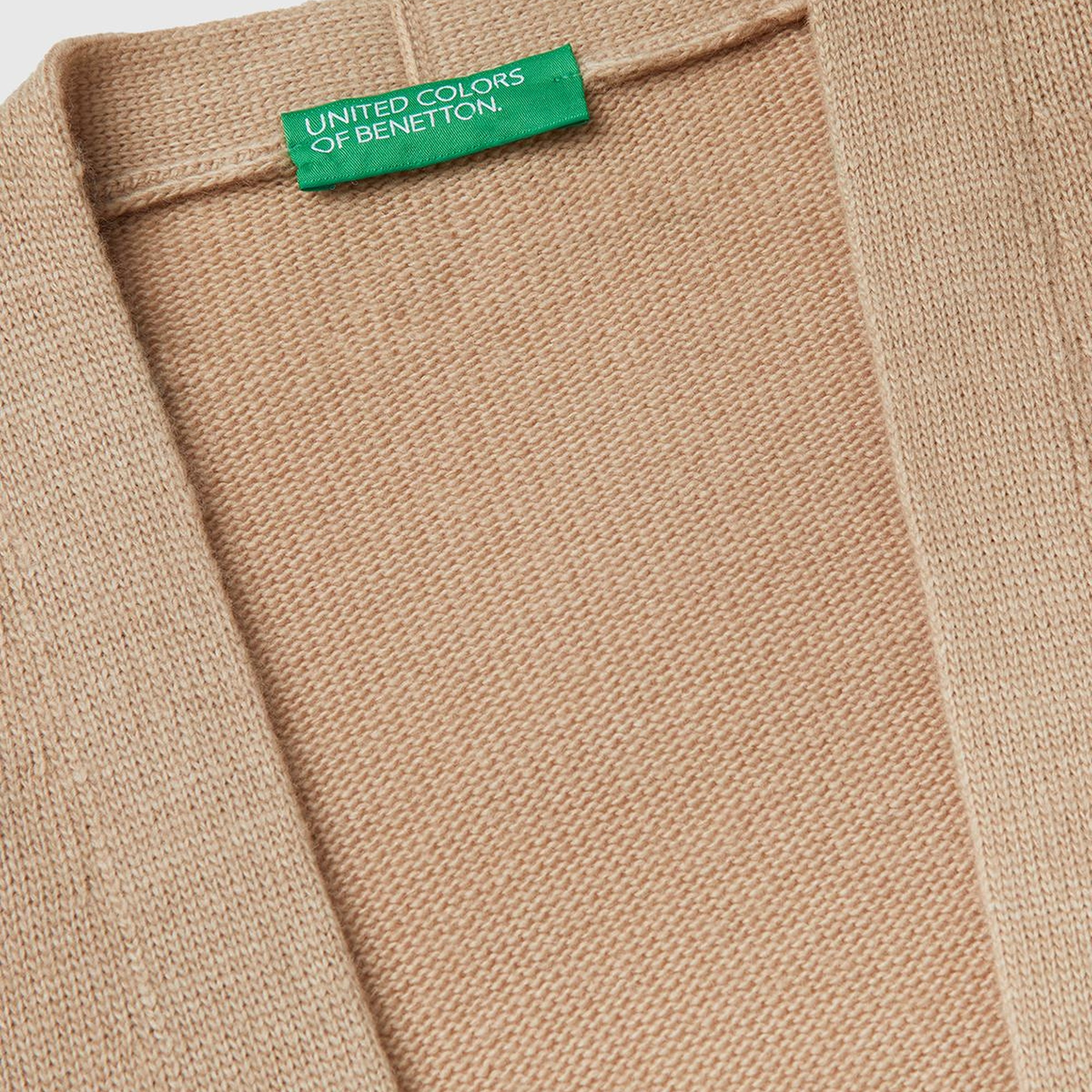 Kadın Bej Yün ve Kaşmir Karışımlı Ribana Detaylı Kısa Kollu Uzun Hırka