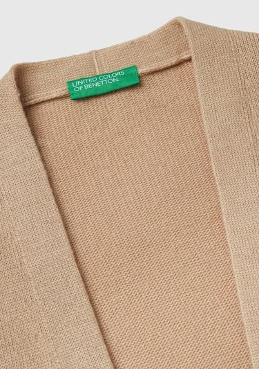  Kadın Bej Yün ve Kaşmir Karışımlı Ribana Detaylı Kısa Kollu Uzun Hırka