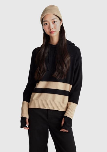  Kadın Sİyah Yün ve Kaşmir Karışımlı Kapüşonlu Kazak