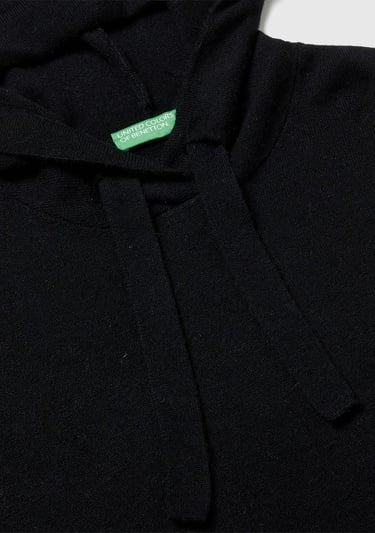  Kadın Sİyah Yün ve Kaşmir Karışımlı Kapüşonlu Kazak