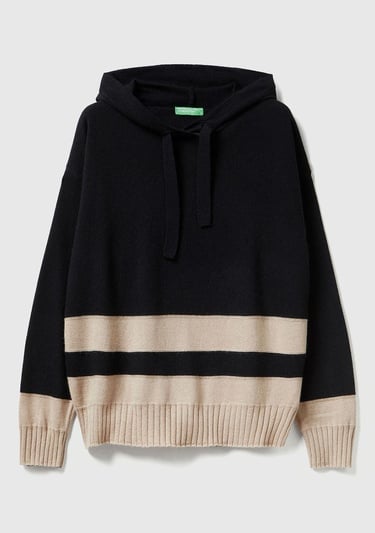  Kadın Sİyah Yün ve Kaşmir Karışımlı Kapüşonlu Kazak