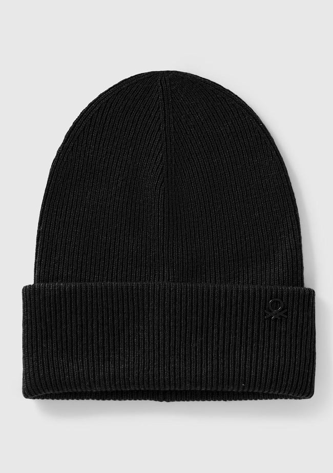  Erkek Çocuk Siyah Yün ve Viskoz Karışımlı Logo Nakışlı Bere