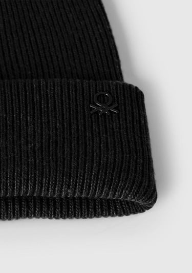  Erkek Çocuk Siyah Yün ve Viskoz Karışımlı Logo Nakışlı Bere