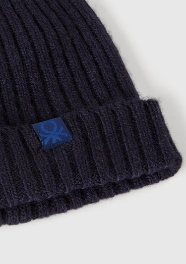  Erkek Çocuk Lacivert Yün ve Viskoz Karışımlı Logo Etiketli Nervürlü Bere