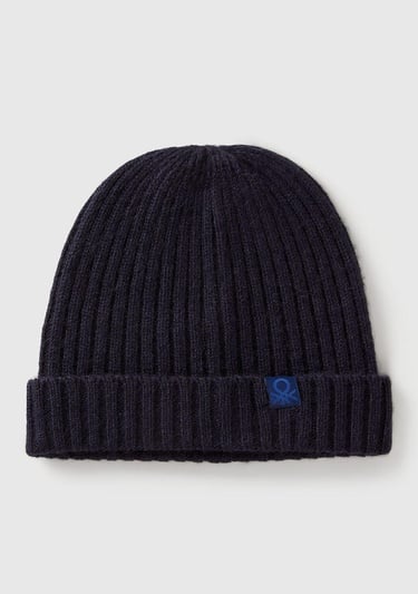  Erkek Çocuk Lacivert Yün ve Viskoz Karışımlı Logo Etiketli Nervürlü Bere