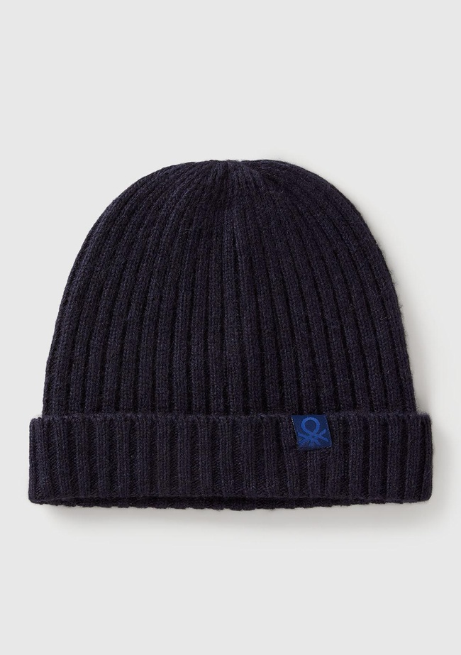  Erkek Çocuk Lacivert Yün ve Viskoz Karışımlı Logo Etiketli Nervürlü Bere