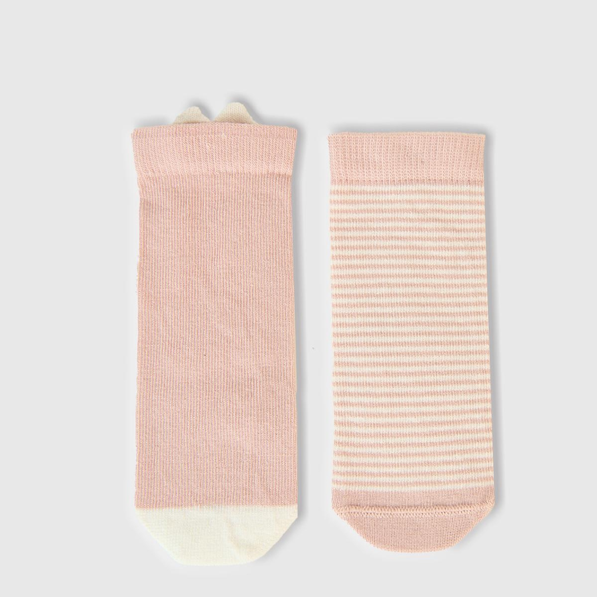 Bebek Toz Pembe Tavşan Grafikli ve Çizgili 2'li Çorap Seti