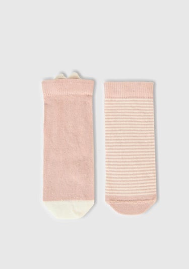 Bebek Toz Pembe Tavşan Grafikli ve Çizgili 2'li Çorap Seti