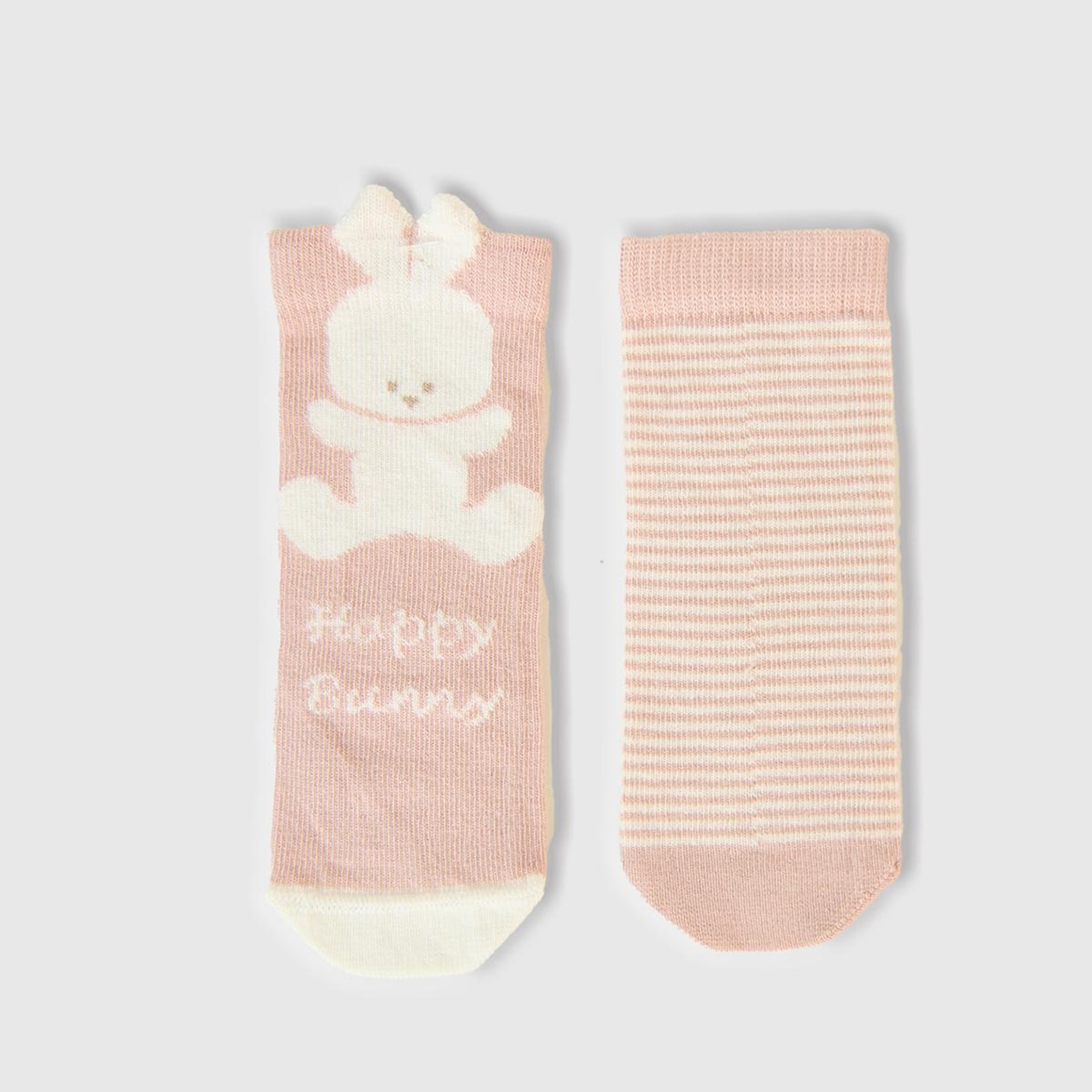 Bebek Toz Pembe Tavşan Grafikli ve Çizgili 2'li Çorap Seti