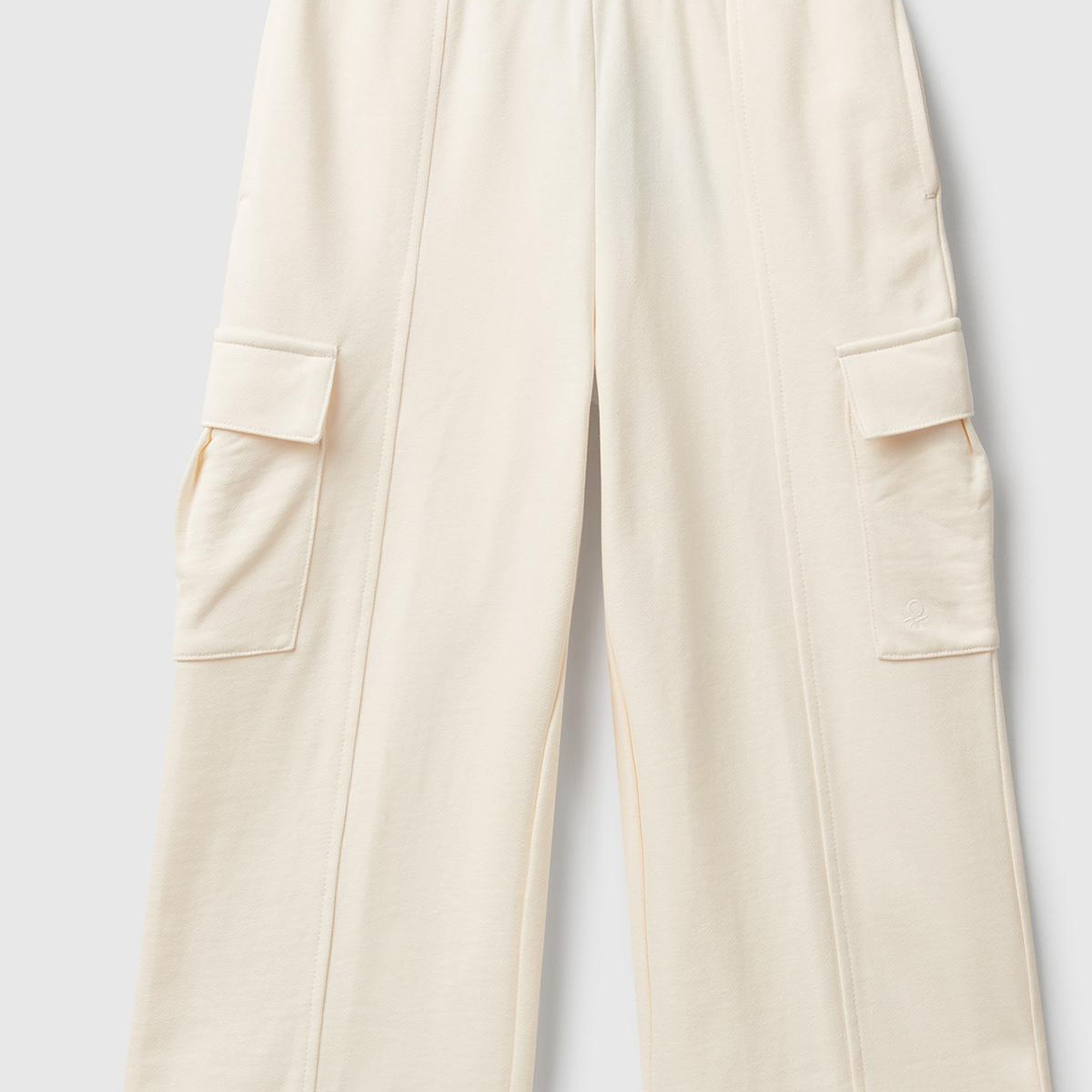 Kız Çocuk Ekru Yanları Cep Detaylı Beli Lastikli Bol Paça Eşofman Altı