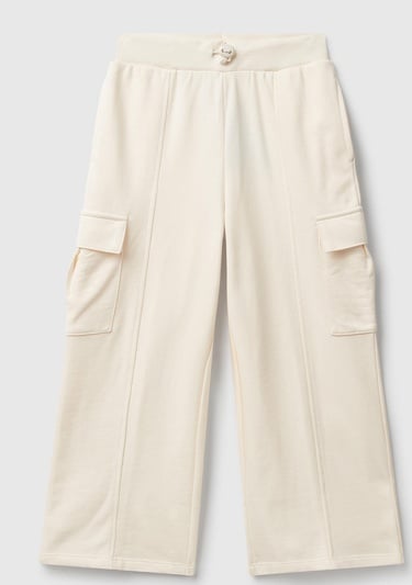  Kız Çocuk Ekru Yanları Cep Detaylı Beli Lastikli Bol Paça Eşofman Altı