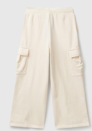  Kız Çocuk Ekru Yanları Cep Detaylı Beli Lastikli Bol Paça Eşofman Altı