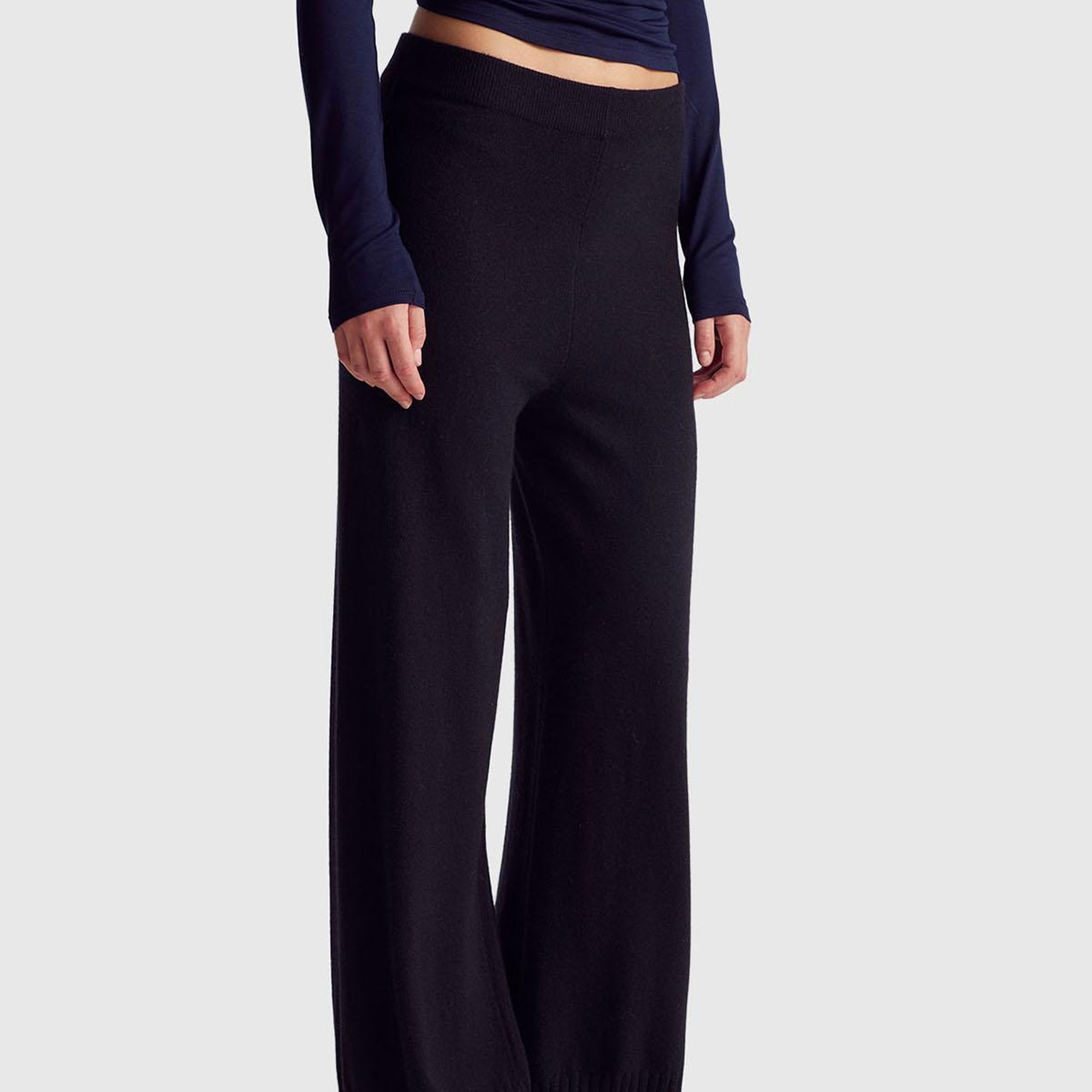 Kadın Sİyah Yün ve Kaşmir Karışımlı Ribana Detaylı Triko Pantolon