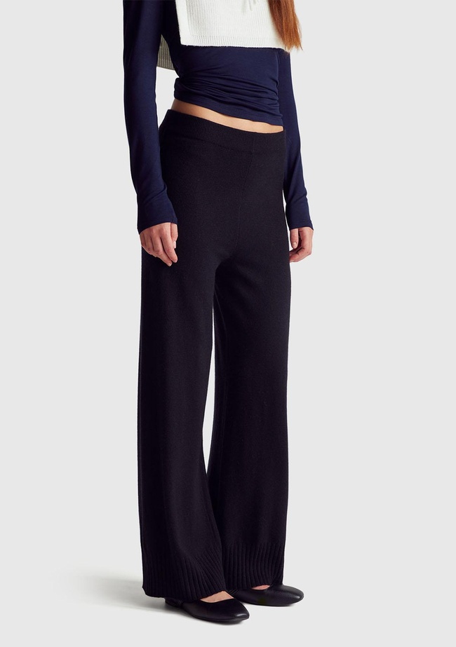  Kadın Sİyah Yün ve Kaşmir Karışımlı Ribana Detaylı Triko Pantolon