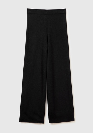  Kadın Sİyah Yün ve Kaşmir Karışımlı Ribana Detaylı Triko Pantolon