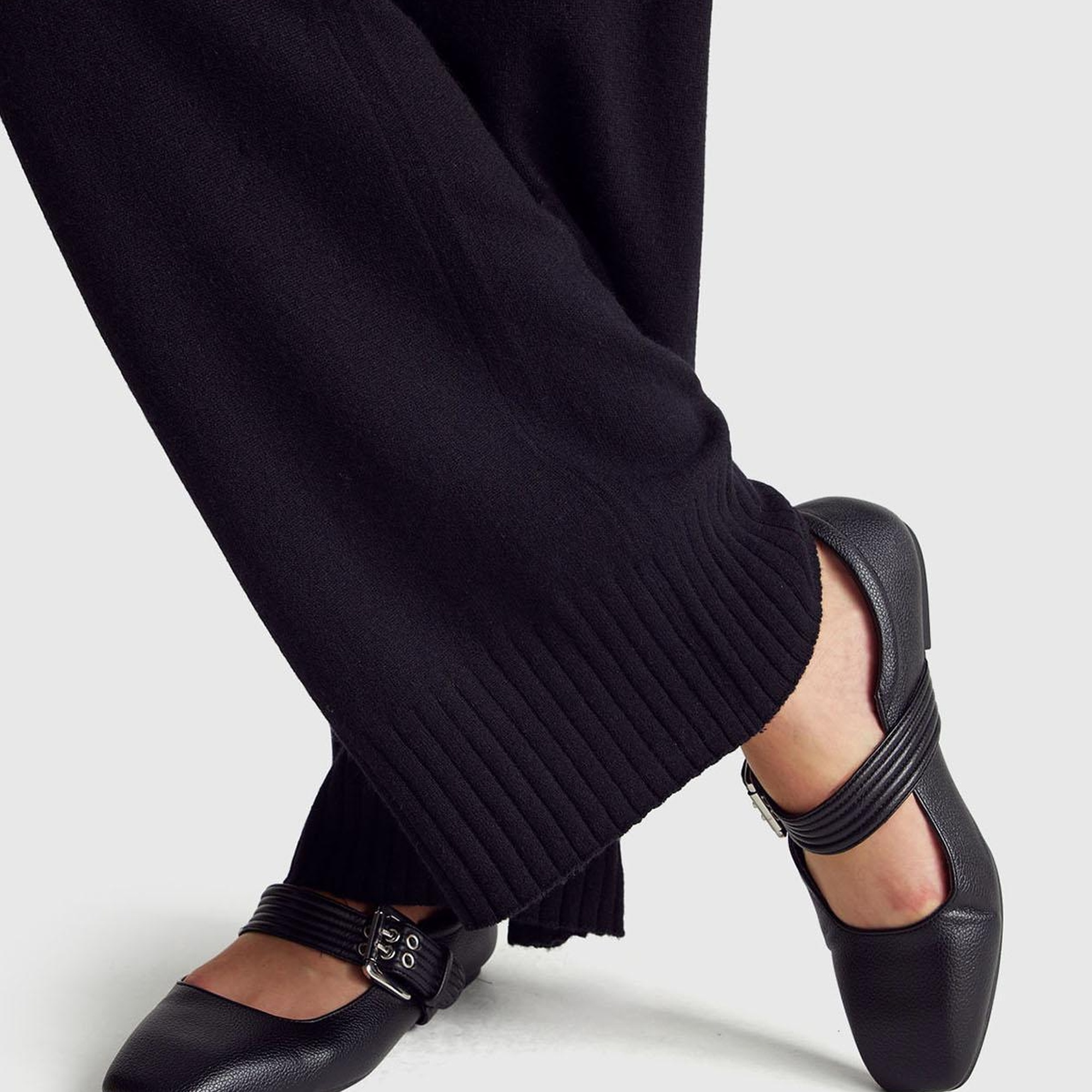 Kadın Sİyah Yün ve Kaşmir Karışımlı Ribana Detaylı Triko Pantolon