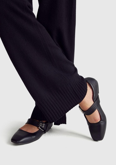  Kadın Sİyah Yün ve Kaşmir Karışımlı Ribana Detaylı Triko Pantolon