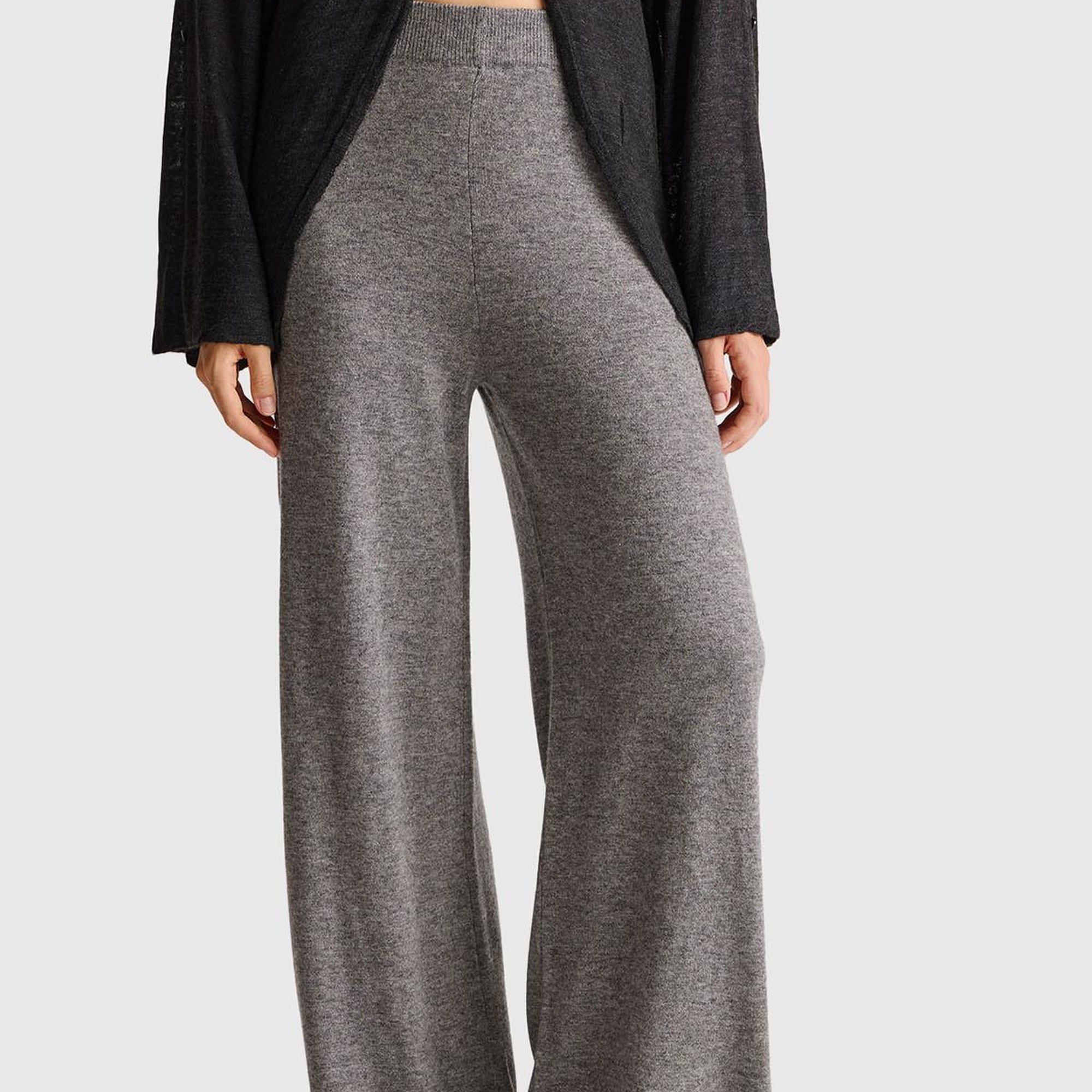 Kadın Antrasit Melanj Yün ve Kaşmir Karışımlı Ribana Detaylı Triko Pantolon