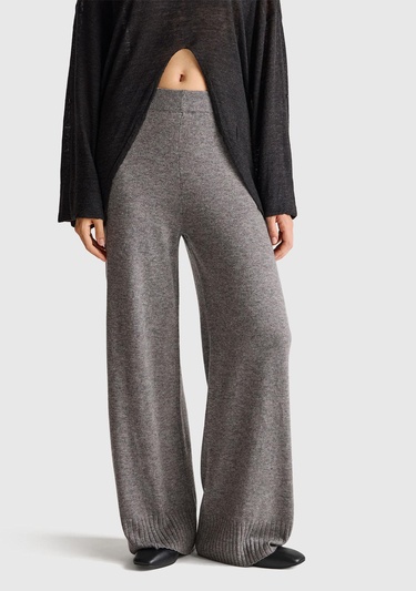  Kadın Antrasit Melanj Yün ve Kaşmir Karışımlı Ribana Detaylı Triko Pantolon