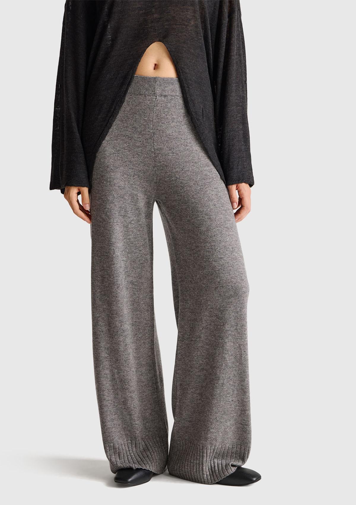  Kadın Antrasit Melanj Yün ve Kaşmir Karışımlı Ribana Detaylı Triko Pantolon