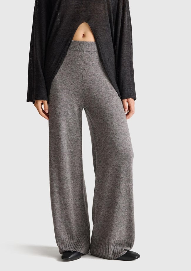  Kadın Antrasit Melanj Yün ve Kaşmir Karışımlı Ribana Detaylı Triko Pantolon