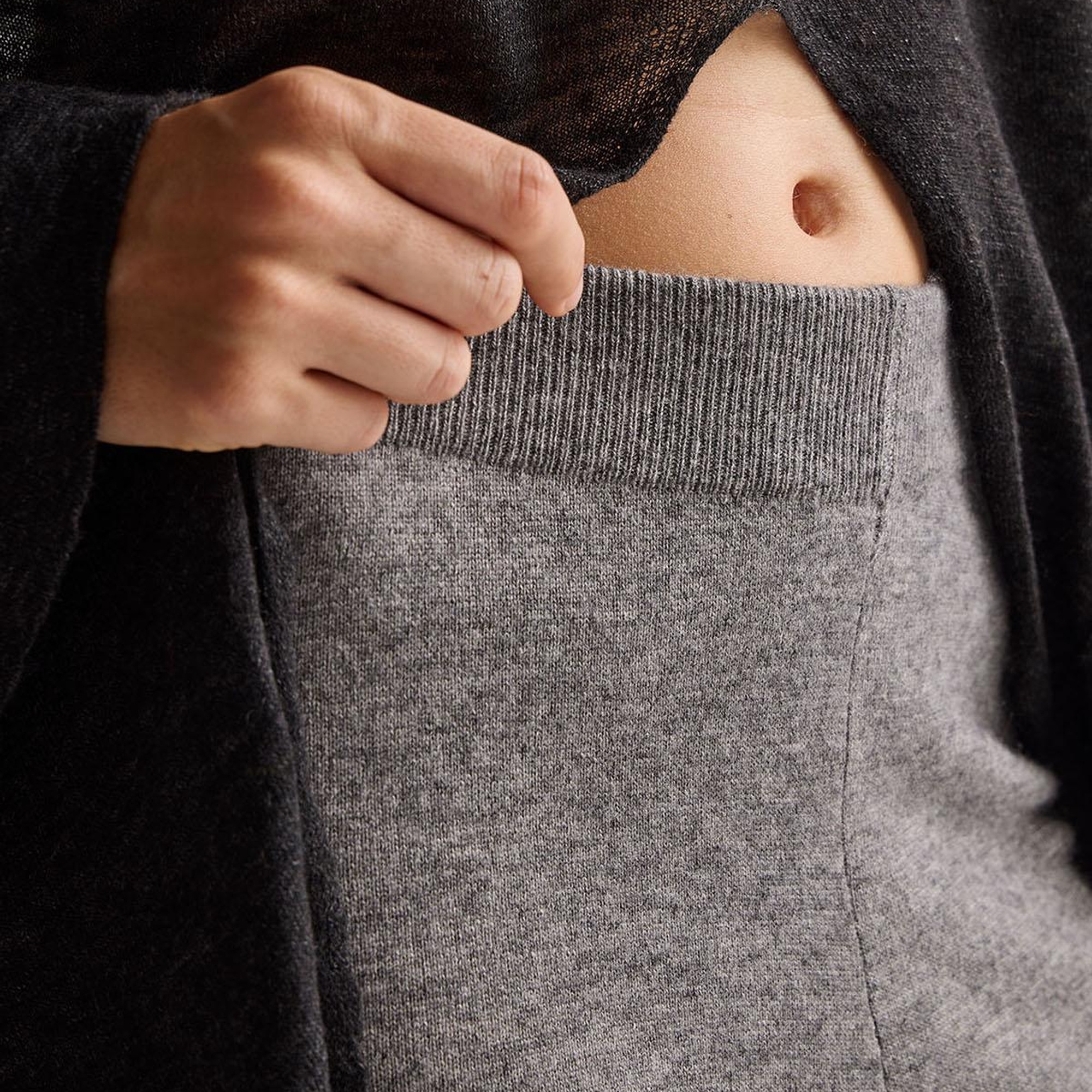 Kadın Antrasit Melanj Yün ve Kaşmir Karışımlı Ribana Detaylı Triko Pantolon