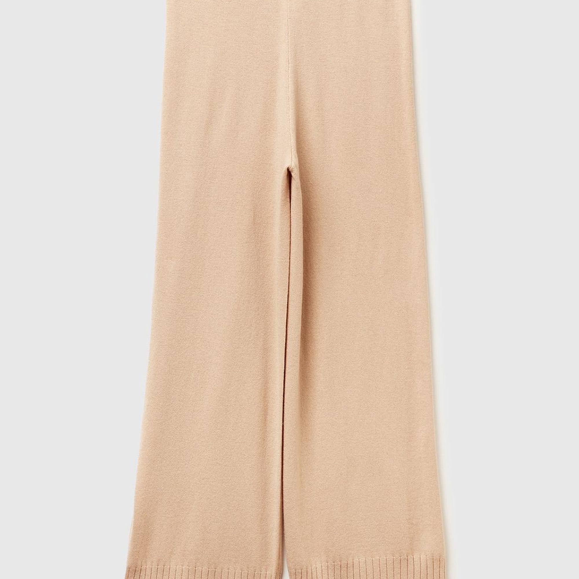 Kadın Bej Yün ve Kaşmir Karışımlı Ribana Detaylı Triko Pantolon