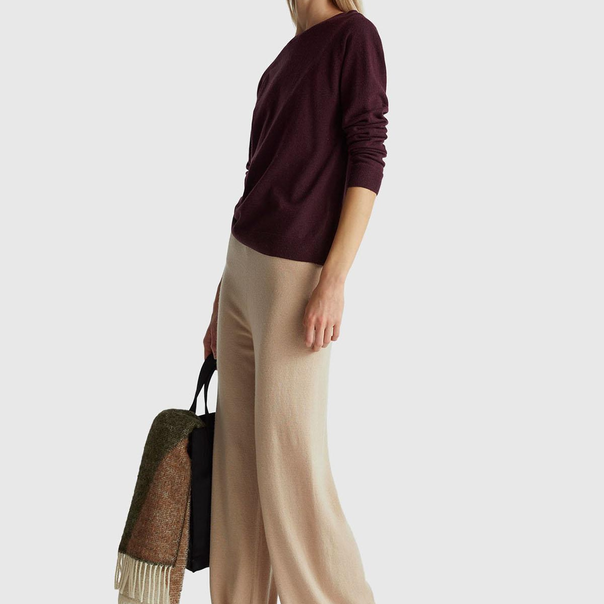 Kadın Bej Yün ve Kaşmir Karışımlı Ribana Detaylı Triko Pantolon