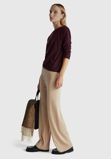  Kadın Bej Yün ve Kaşmir Karışımlı Ribana Detaylı Triko Pantolon