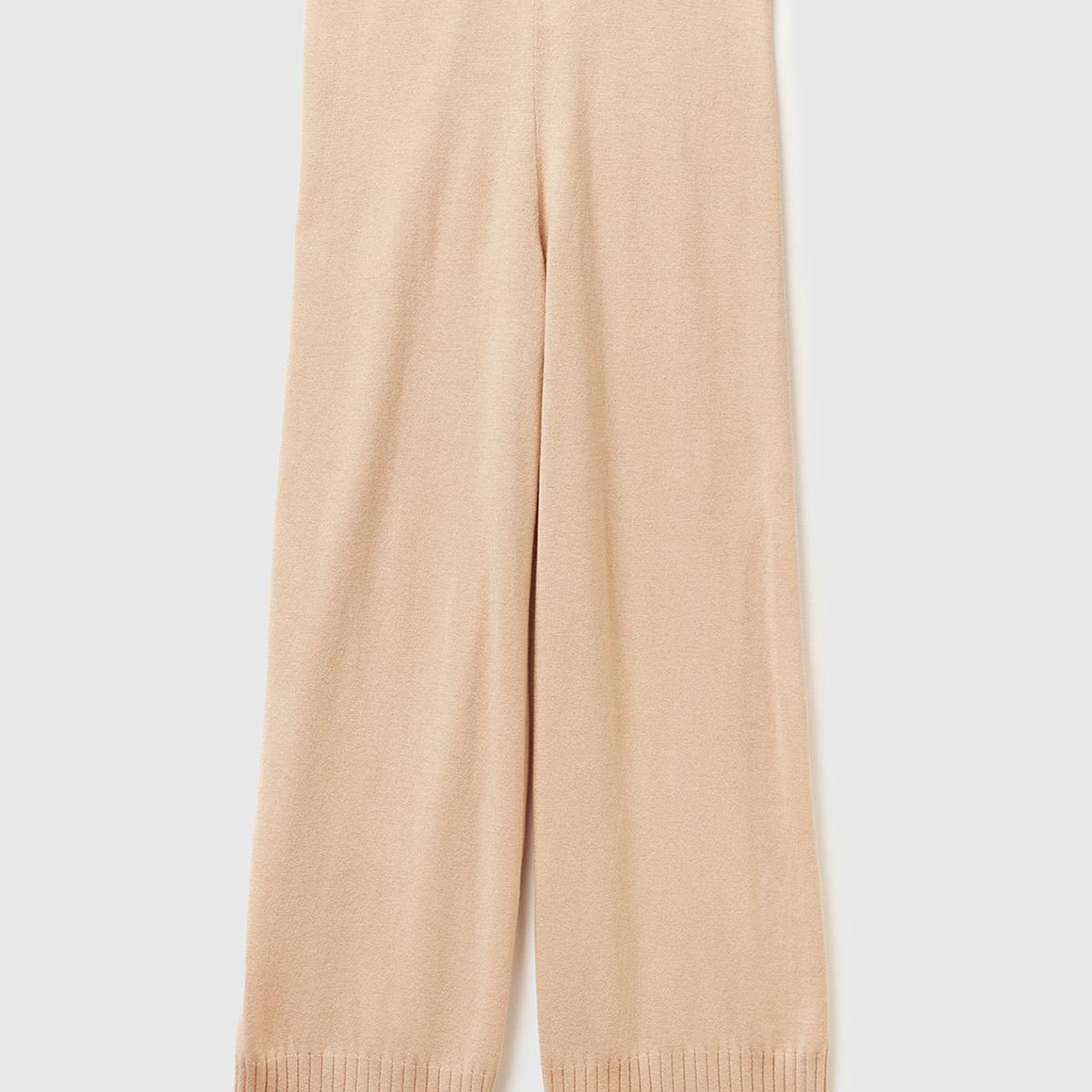Kadın Bej Yün ve Kaşmir Karışımlı Ribana Detaylı Triko Pantolon