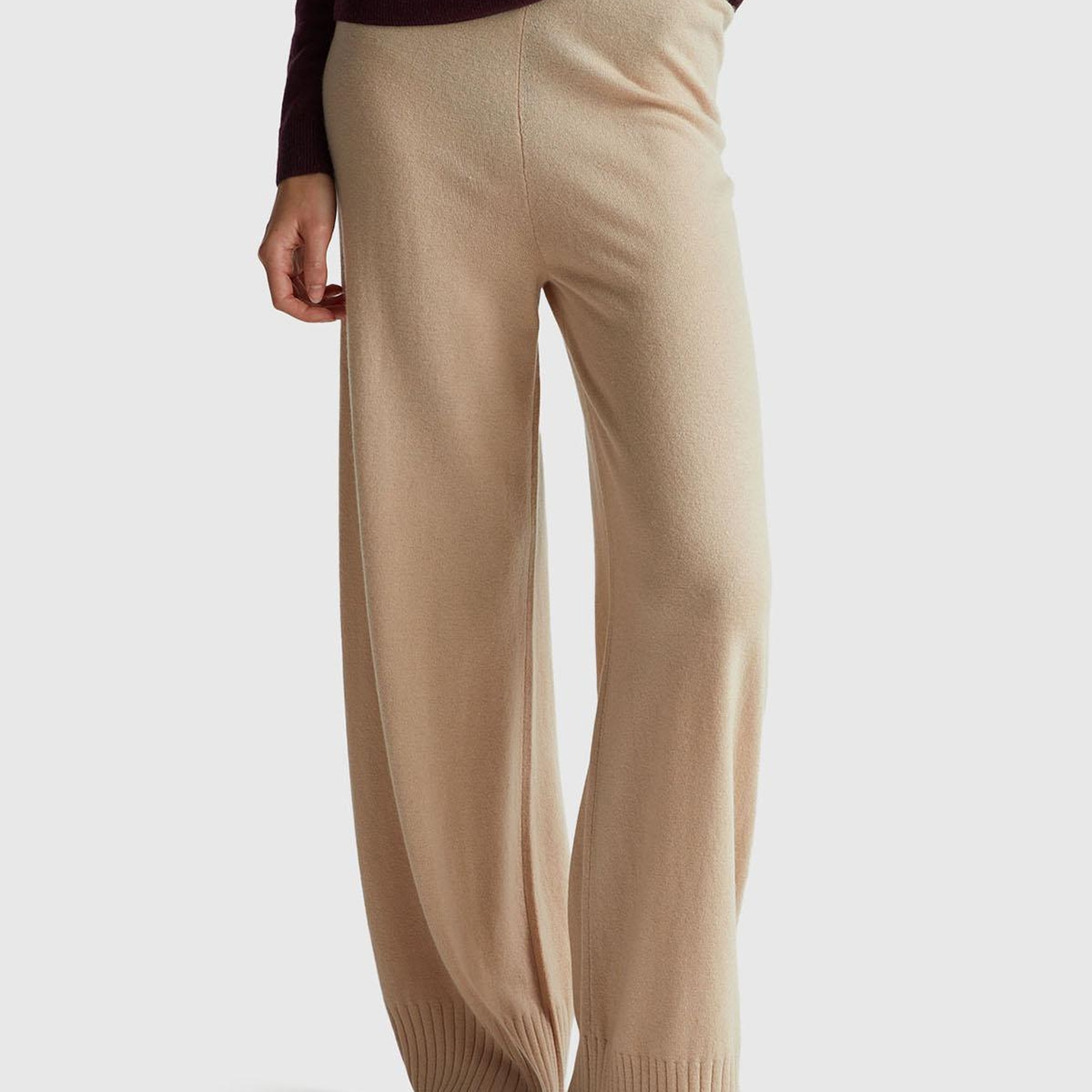 Kadın Bej Yün ve Kaşmir Karışımlı Ribana Detaylı Triko Pantolon