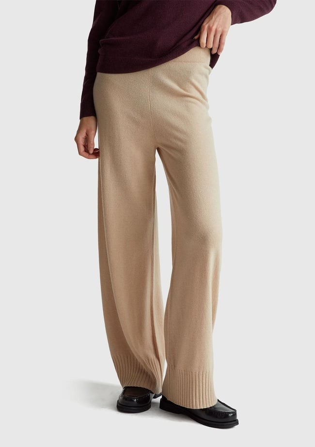  Kadın Bej Yün ve Kaşmir Karışımlı Ribana Detaylı Triko Pantolon