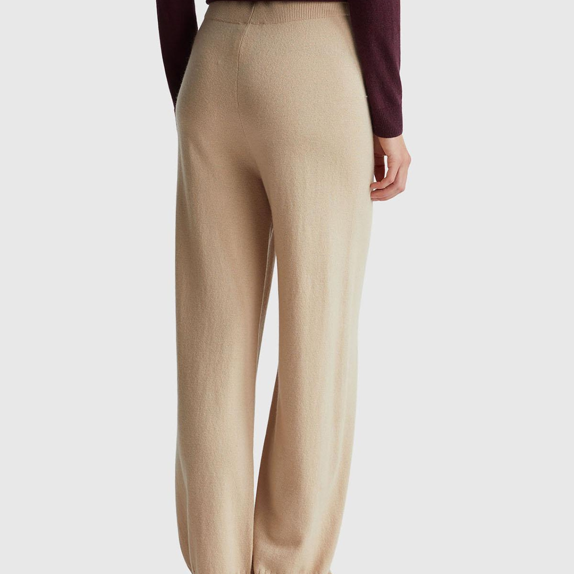 Kadın Bej Yün ve Kaşmir Karışımlı Ribana Detaylı Triko Pantolon