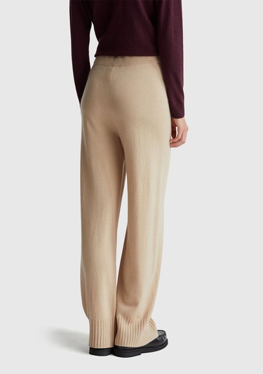  Kadın Bej Yün ve Kaşmir Karışımlı Ribana Detaylı Triko Pantolon