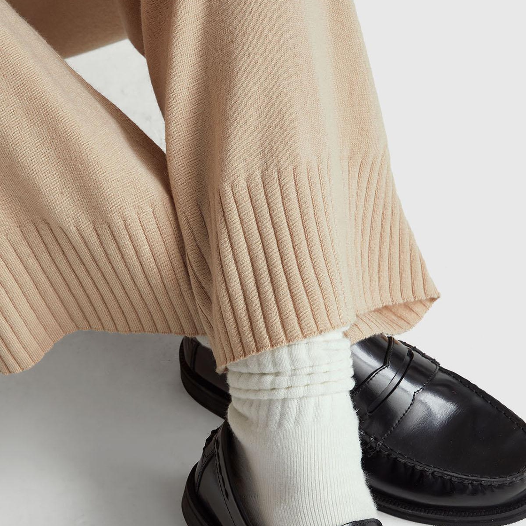 Kadın Bej Yün ve Kaşmir Karışımlı Ribana Detaylı Triko Pantolon