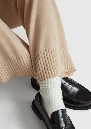  Kadın Bej Yün ve Kaşmir Karışımlı Ribana Detaylı Triko Pantolon