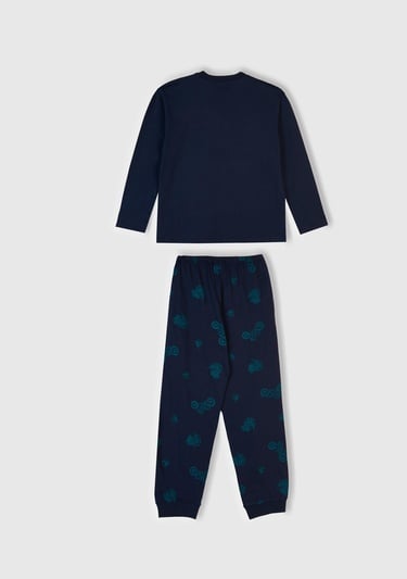  Erkek Çocuk Lacivert Üstü Baskılı Altı Tamamı Desenli Pijama Takımı
