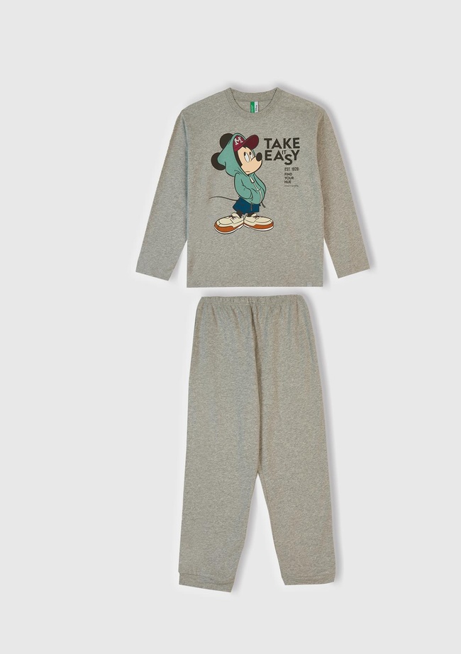  Erkek Çocuk Gri Melanj Üstü Disney Baskılı Altı Paçası Lastikli Pijama Takımı