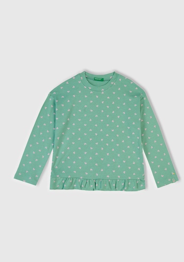  Kız Çocuk Turkuaz Desenli Fırfır Detaylı Pijama Takımı