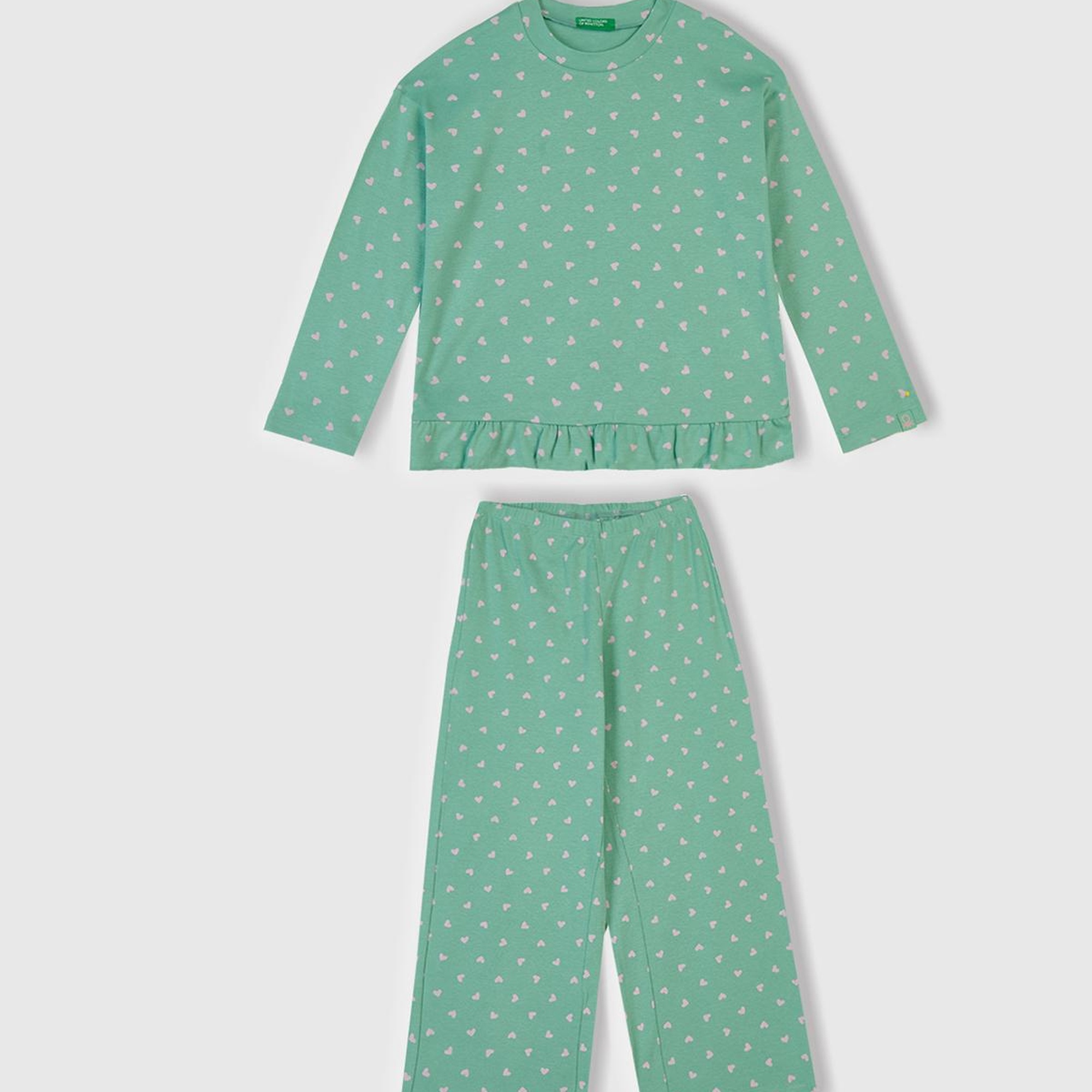 Kız Çocuk Turkuaz Desenli Fırfır Detaylı Pijama Takımı