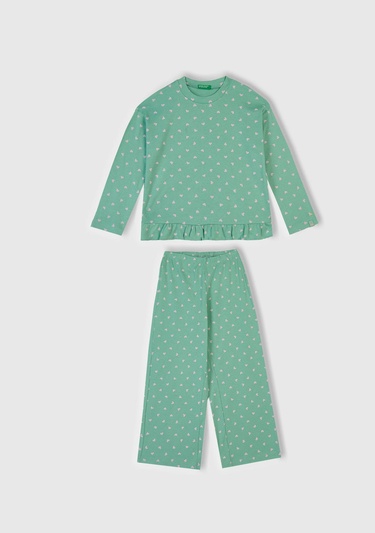  Kız Çocuk Turkuaz Desenli Fırfır Detaylı Pijama Takımı